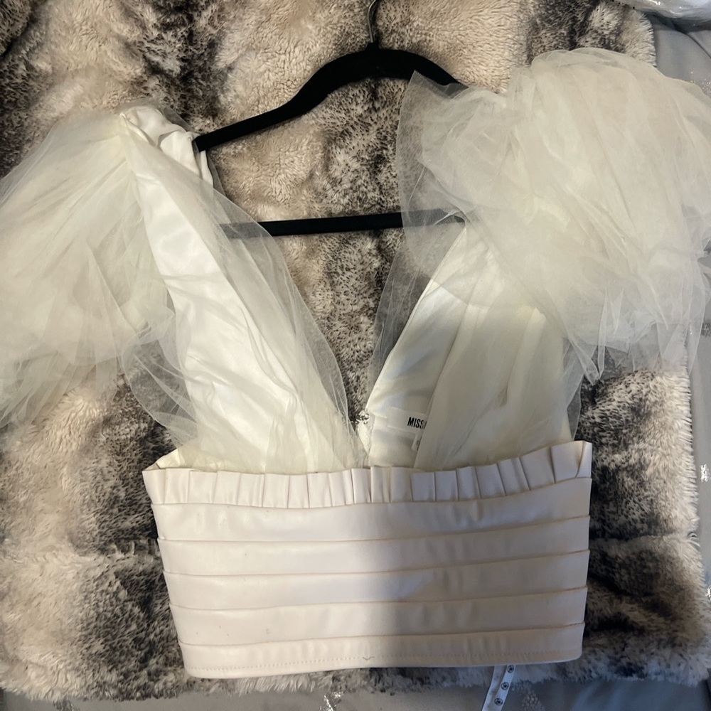 White Tulle and Faux Leather Crop Top